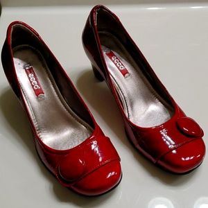 Cherry red patent leather pumps